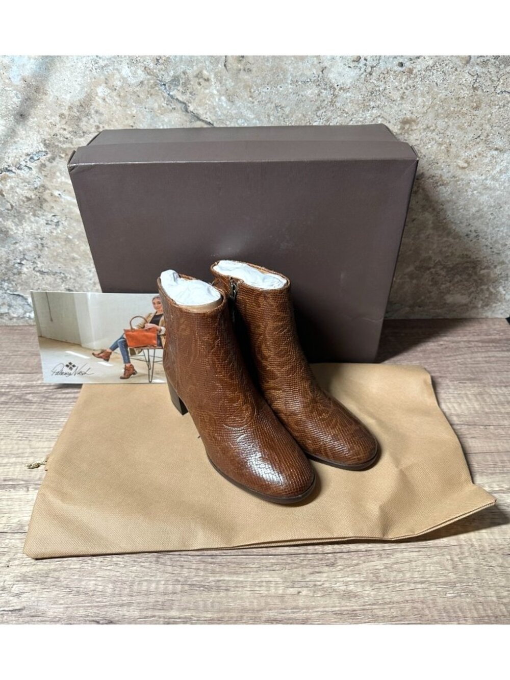 Patricia Nash Marcella Women 6 Brown Cognac Leather Embossed Ankle Boots Booties